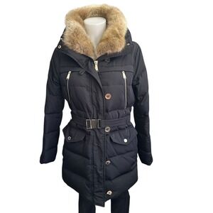 Michael Kors Faux Fur-Trim Hooded Button Front Belted Down Puffer Jacket‎ Small